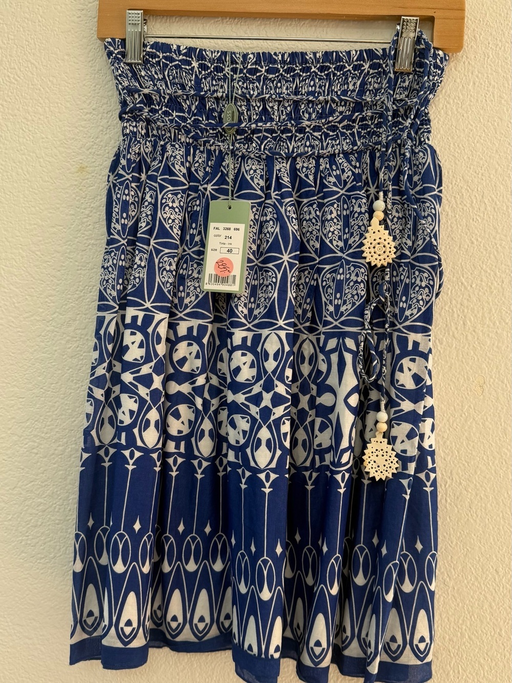 Navy and White Printed Smocked Midi Skirt with Tassel Accents
